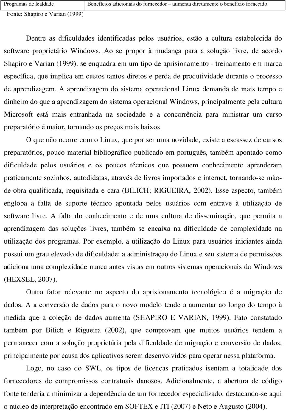 Ao se propor à mudança para a solução livre, de acordo Shapiro e Varian (1999), se enquadra em um tipo de aprisionamento - treinamento em marca específica, que implica em custos tantos diretos e