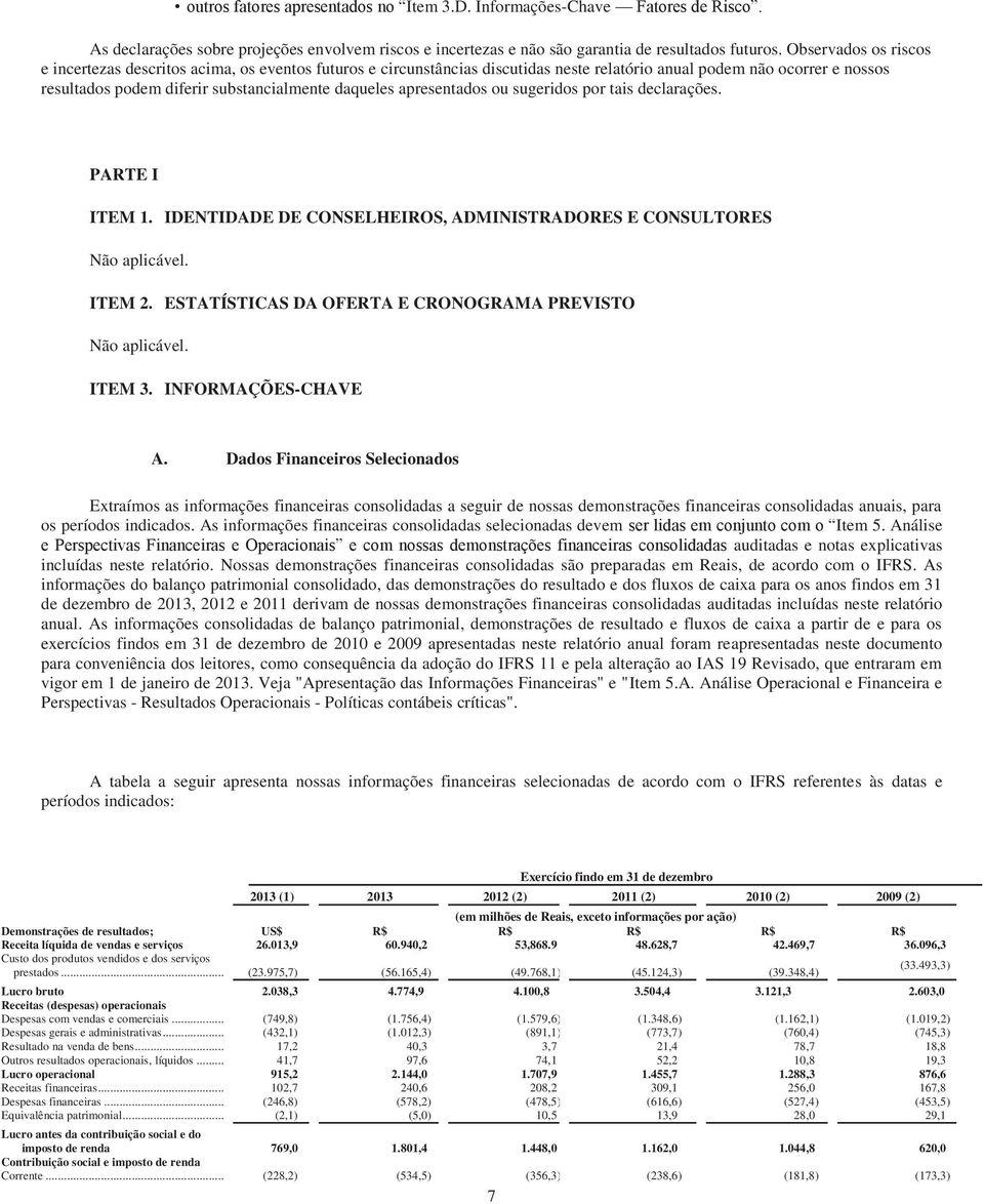 apresentados ou sugeridos por tais declarações. PARTE I ITEM 1. IDENTIDADE DE CONSELHEIROS, ADMINISTRADORES E CONSULTORES Não aplicável. ITEM 2.