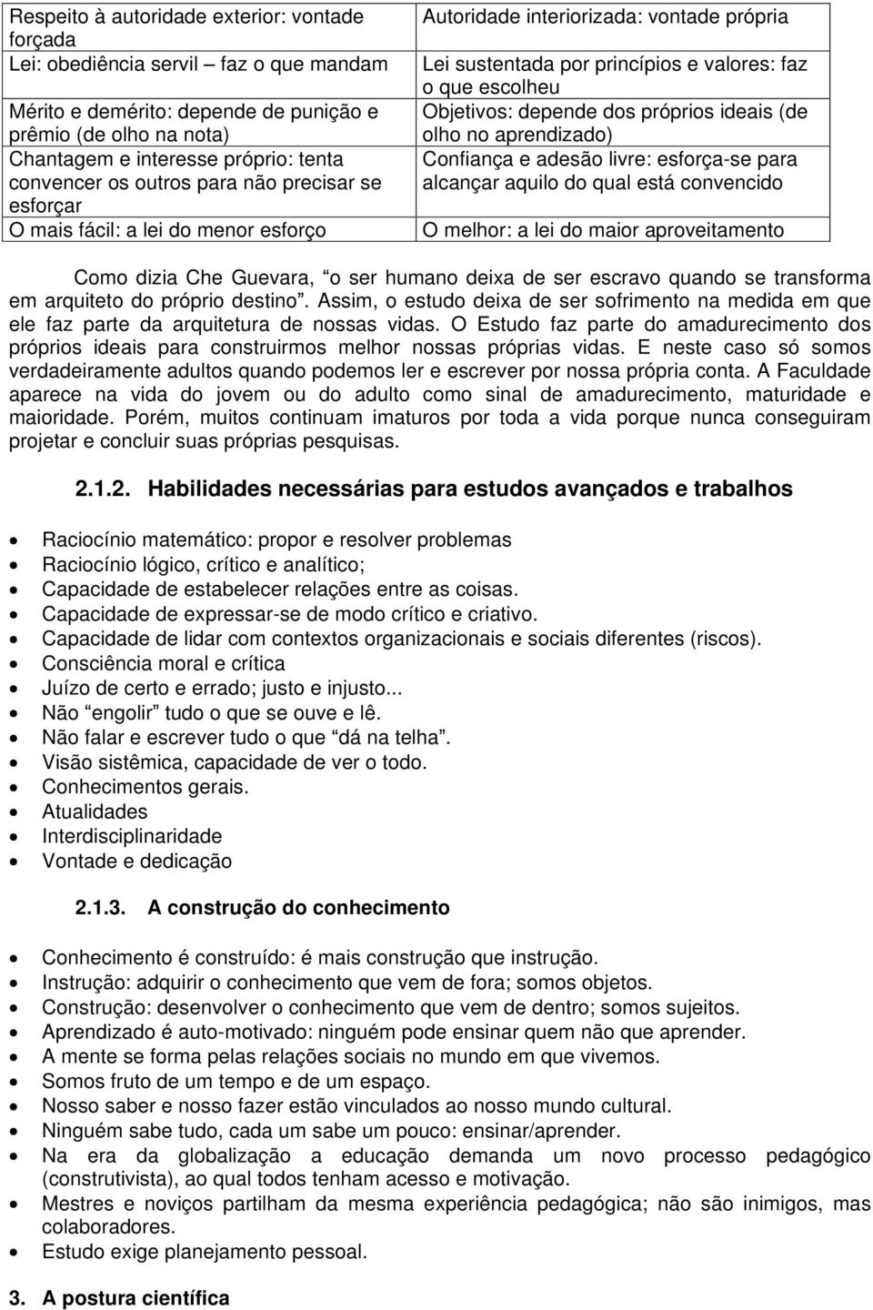 Confiança e adesão livre: esforça-se para alcançar aquilo do qual está convencido esforçar O mais fácil: a lei do menor esforço O melhor: a lei do maior aproveitamento Como dizia Che Guevara, o ser