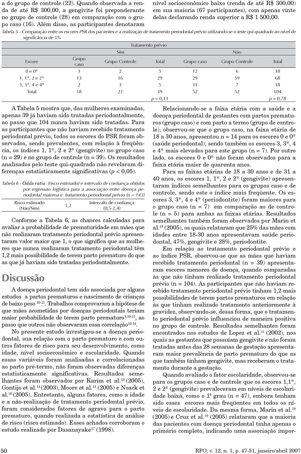 Tabela 5 - Comparação entre os escores PSR dos pacientes e a realização de tratamento periodontal prévio utilizando-se o teste qui-quadrado ao nível de significância de 5% Tratamento prévio Sim Não