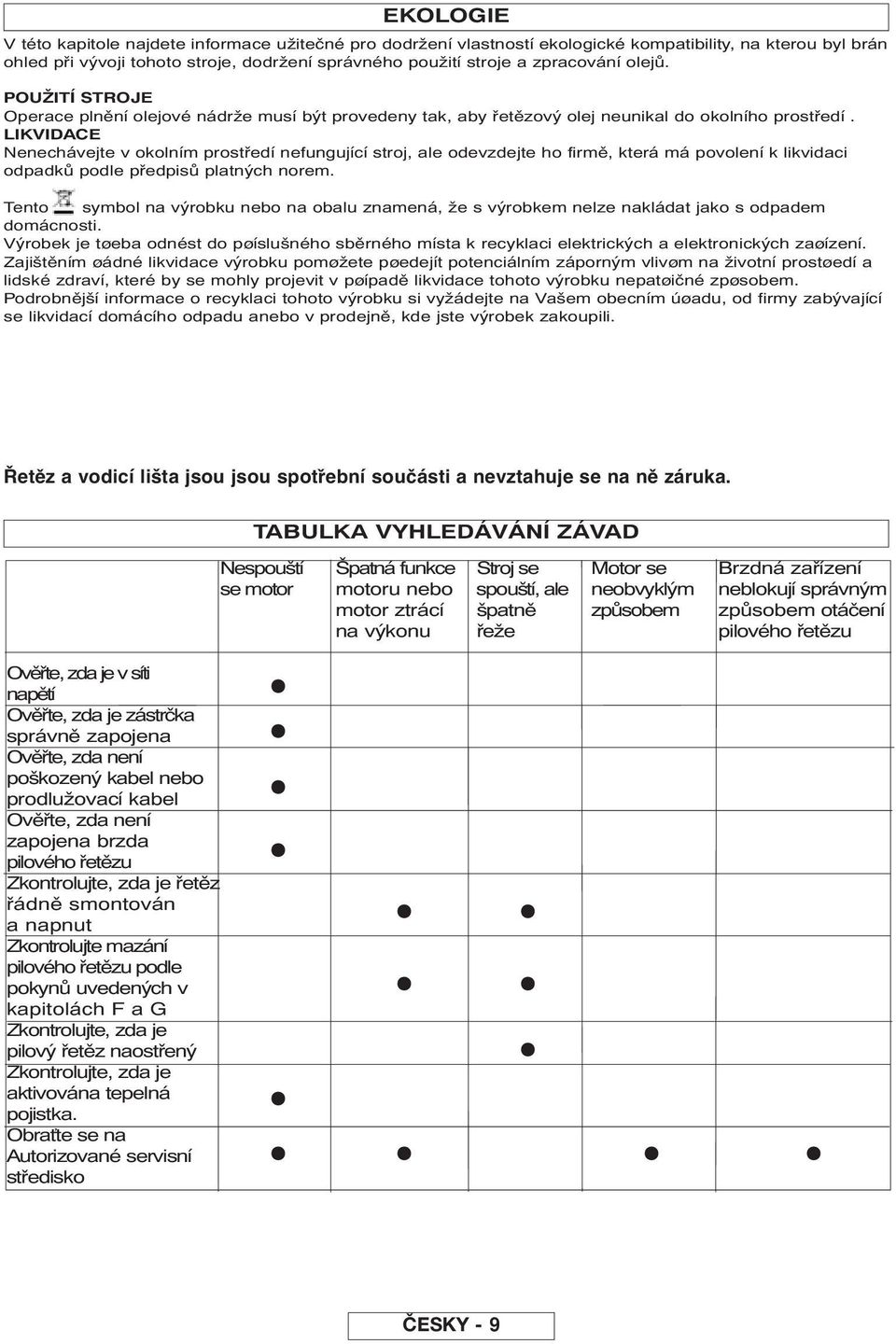 LIKVIDACE Nenechávejte v okolním prostředí nefungující stroj, ale odevzdejte ho firmě, která má povolení k likvidaci odpadků podle předpisů platných norem.