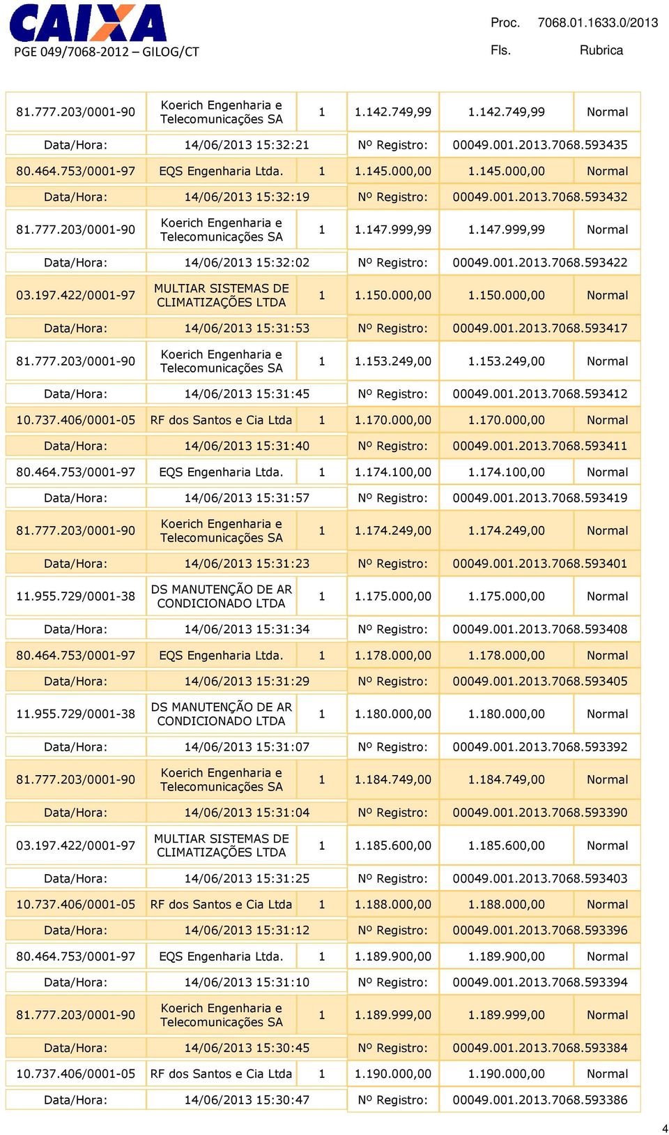 150.000,00 1.150.000,00 Normal Data/Hora: 14/06/2013 15:31:53 Nº Registro: 00049.001.2013.7068.593417 1 1.153.249,00 1.153.249,00 Normal Data/Hora: 14/06/201315:31:45 Nº Registro: 00049.001.2013.7068.593412 10.