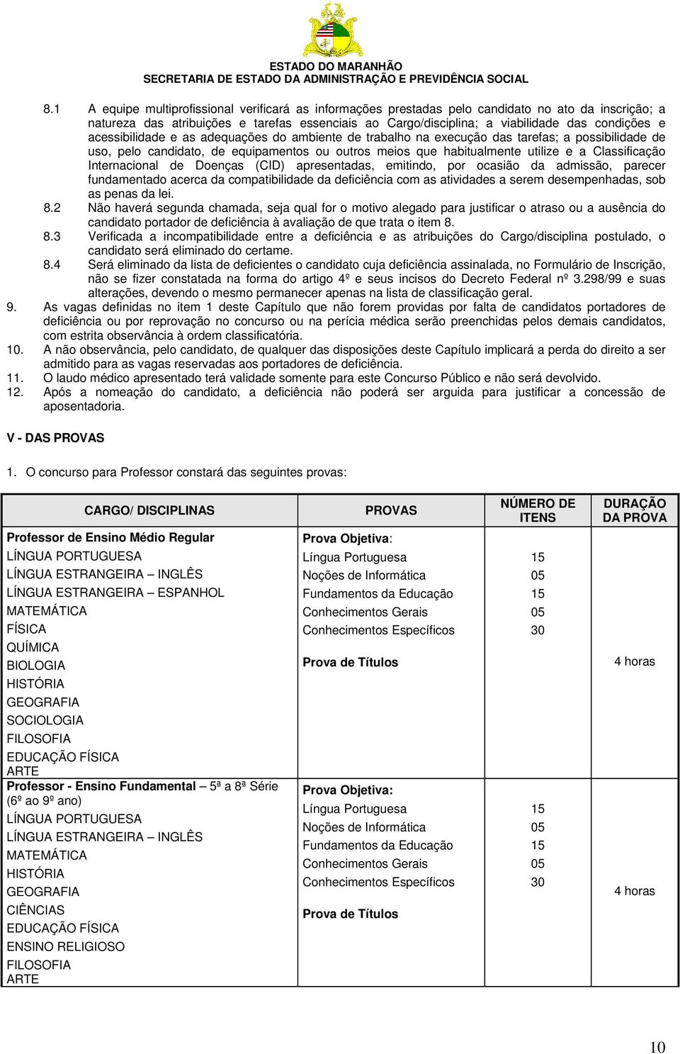 Internacional de Doenças (CID) apresentadas, emitindo, por ocasião da admissão, parecer fundamentado acerca da compatibilidade da deficiência com as atividades a serem desempenhadas, sob as penas da