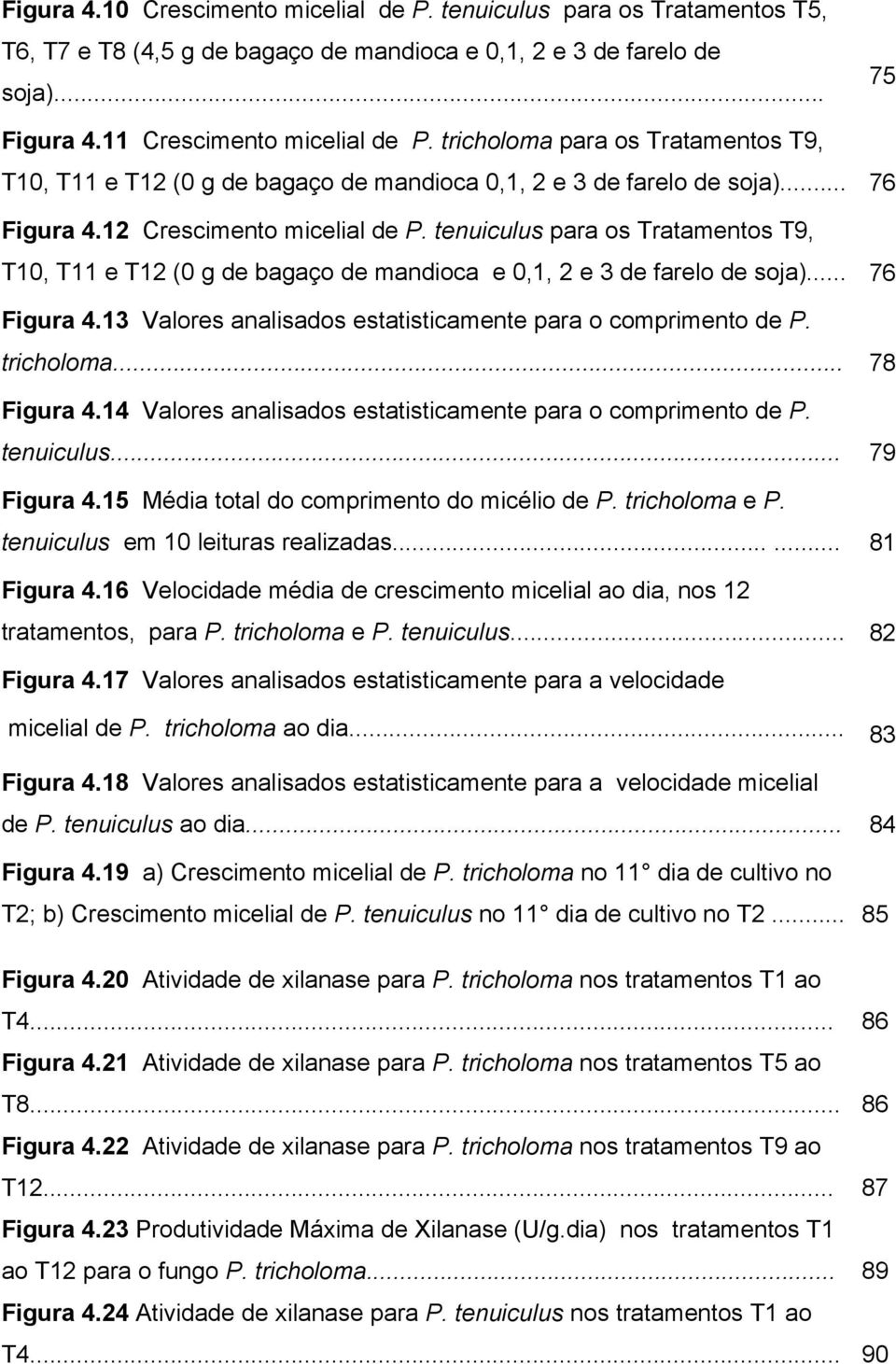 tenuiculus para os Tratamentos T9, T10, T11 e T12 (0 g de bagaço de mandioca e 0,1, 2 e 3 de farelo de soja)... 76 Figura 4.13 Valores analisados estatisticamente para o comprimento de P. tricholoma.