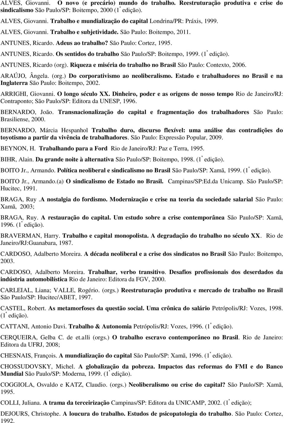 ANTUNES, Ricardo. Os sentidos do trabalho São Paulo/SP: Boitempo, 1999. (1 ª edição). ANTUNES, Ricardo (org). Riqueza e miséria do trabalho no Brasil São Paulo: Contexto, 2006. ARAÚJO, Ângela. (org.) Do corporativismo ao neoliberalismo.
