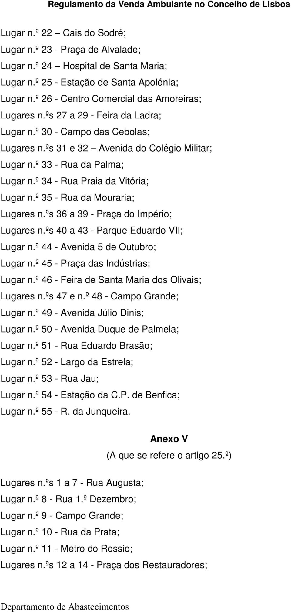 º 35 - Rua da Mouraria; Lugares n.ºs 36 a 39 - Praça do Império; Lugares n.ºs 40 a 43 - Parque Eduardo VII; Lugar n.º 44 - Avenida 5 de Outubro; Lugar n.º 45 - Praça das Indústrias; Lugar n.