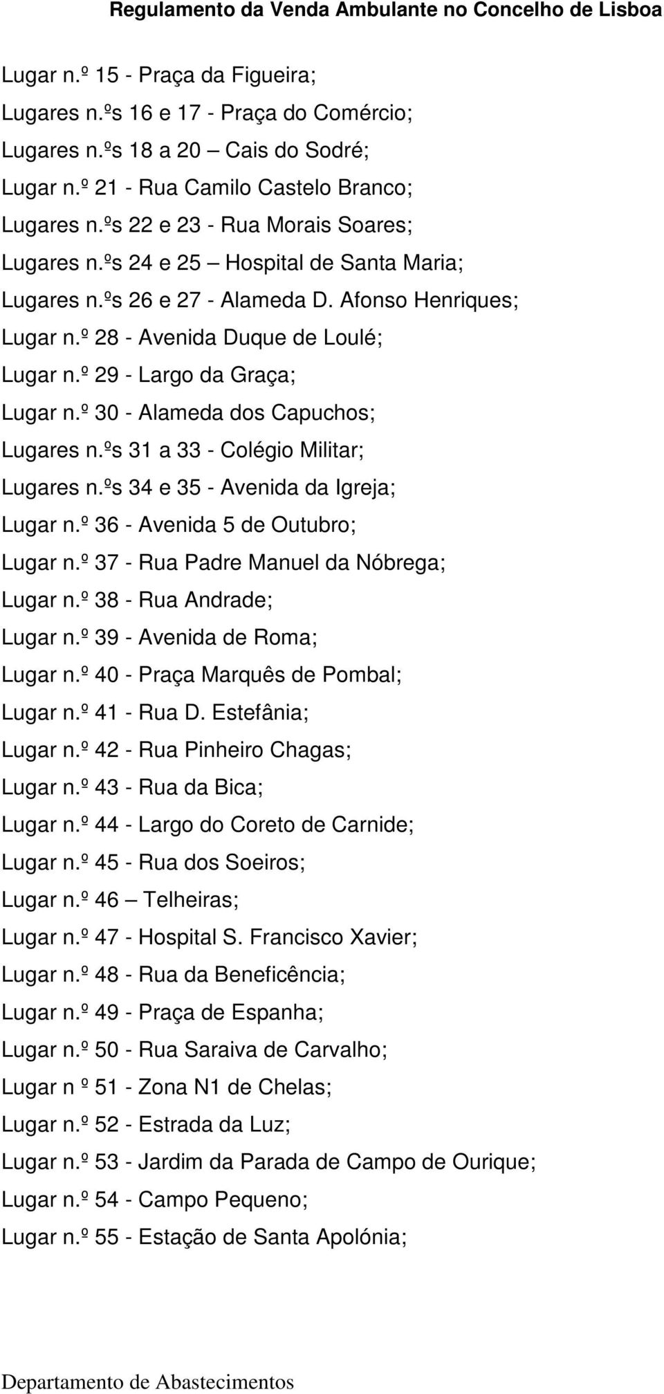 º 29 - Largo da Graça; Lugar n.º 30 - Alameda dos Capuchos; Lugares n.ºs 31 a 33 - Colégio Militar; Lugares n.ºs 34 e 35 - Avenida da Igreja; Lugar n.º 36 - Avenida 5 de Outubro; Lugar n.