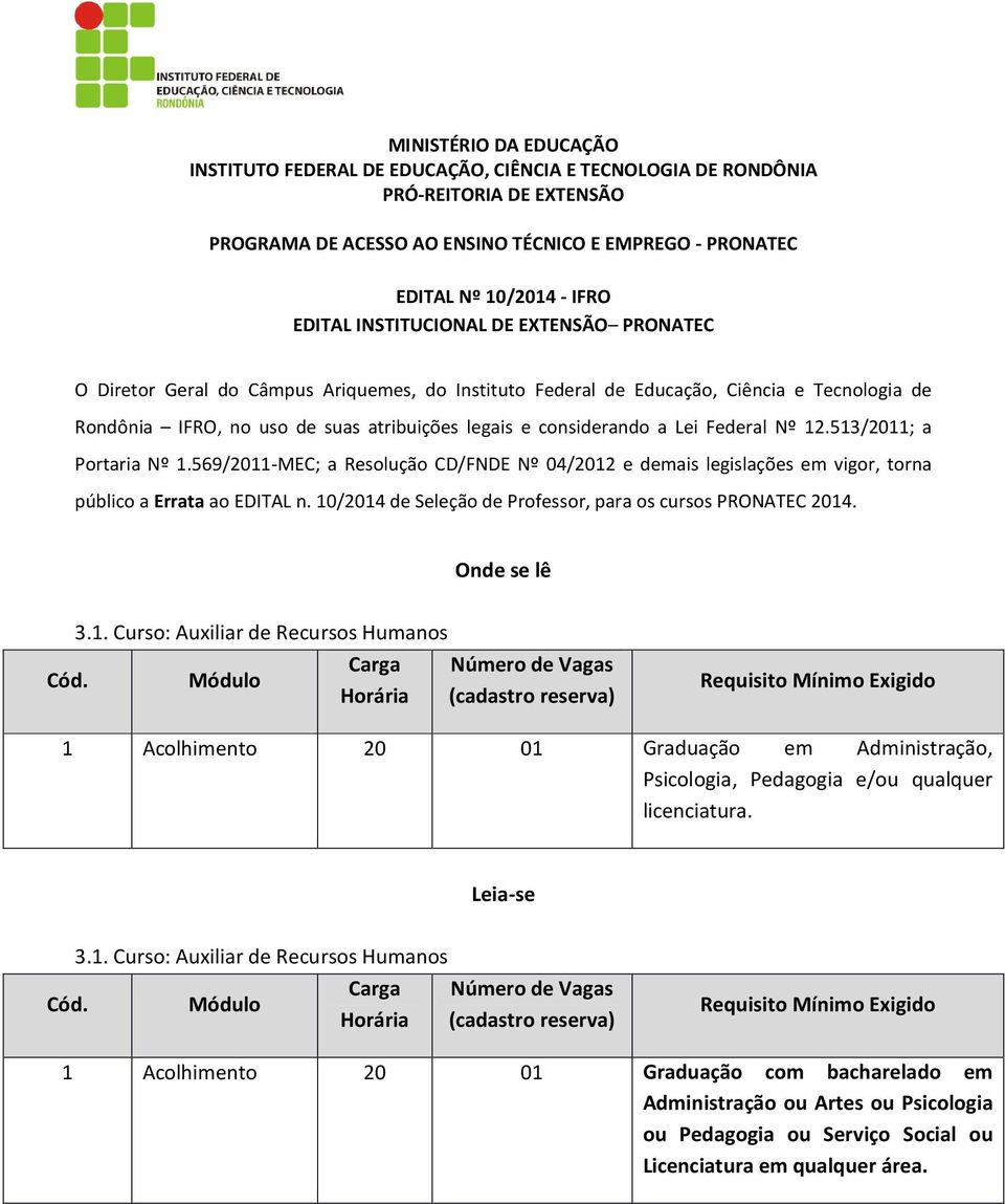 considerando a Lei Federal Nº 12.513/2011; a Portaria Nº 1.569/2011-MEC; a Resolução CD/FNDE Nº 04/2012 e demais legislações em vigor, torna público a Errata ao EDITAL n.