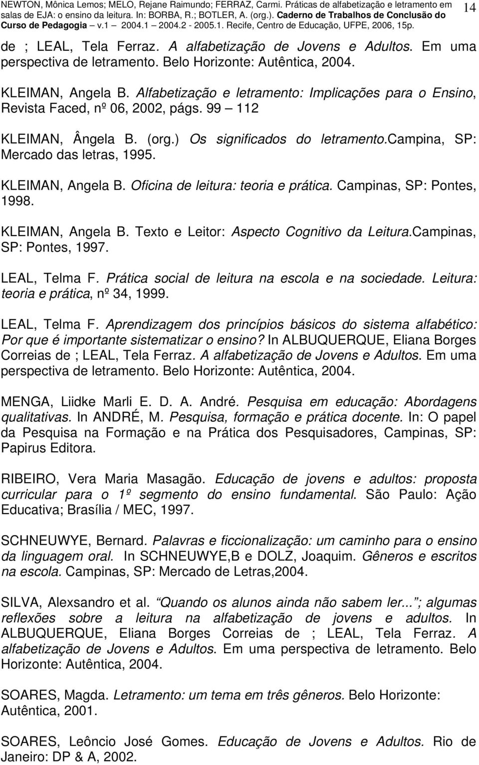 KLEIMAN, Angela B. Oficina de leitura: teoria e prática. Campinas, SP: Pontes, 1998. KLEIMAN, Angela B. Texto e Leitor: Aspecto Cognitivo da Leitura.Campinas, SP: Pontes, 1997. LEAL, Telma F.