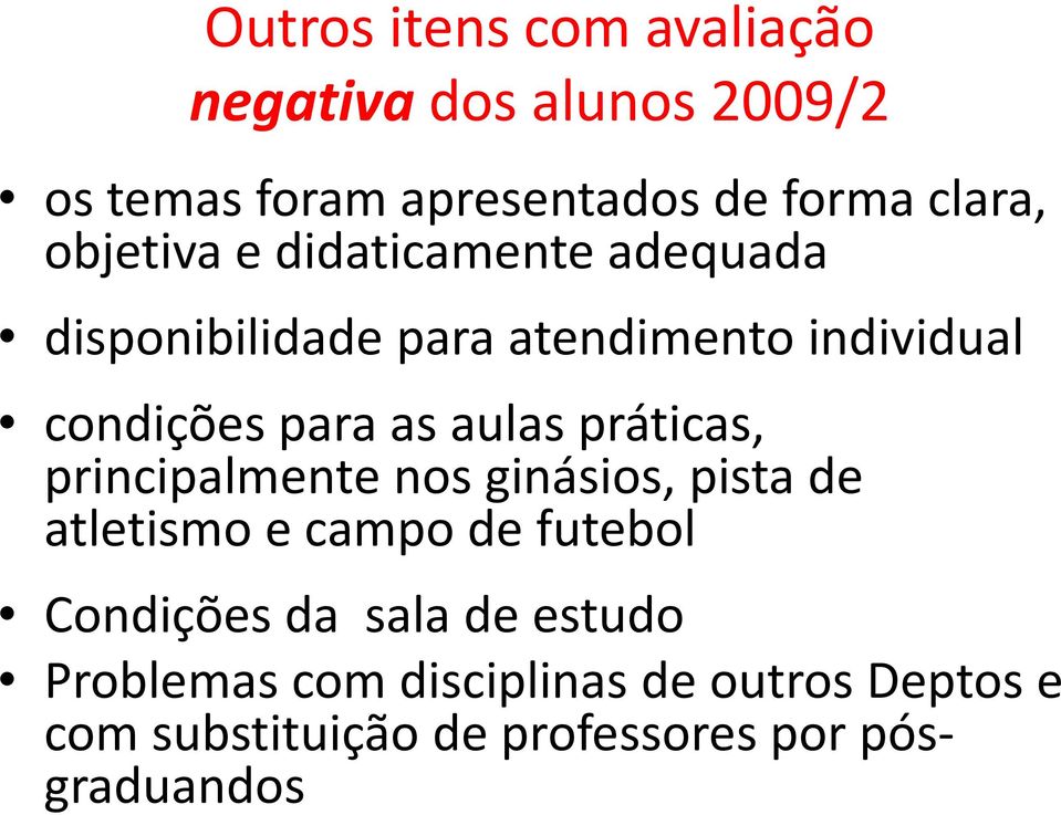 aulas práticas, principalmente nos ginásios, pista de atletismo e campo de futebol Condições da