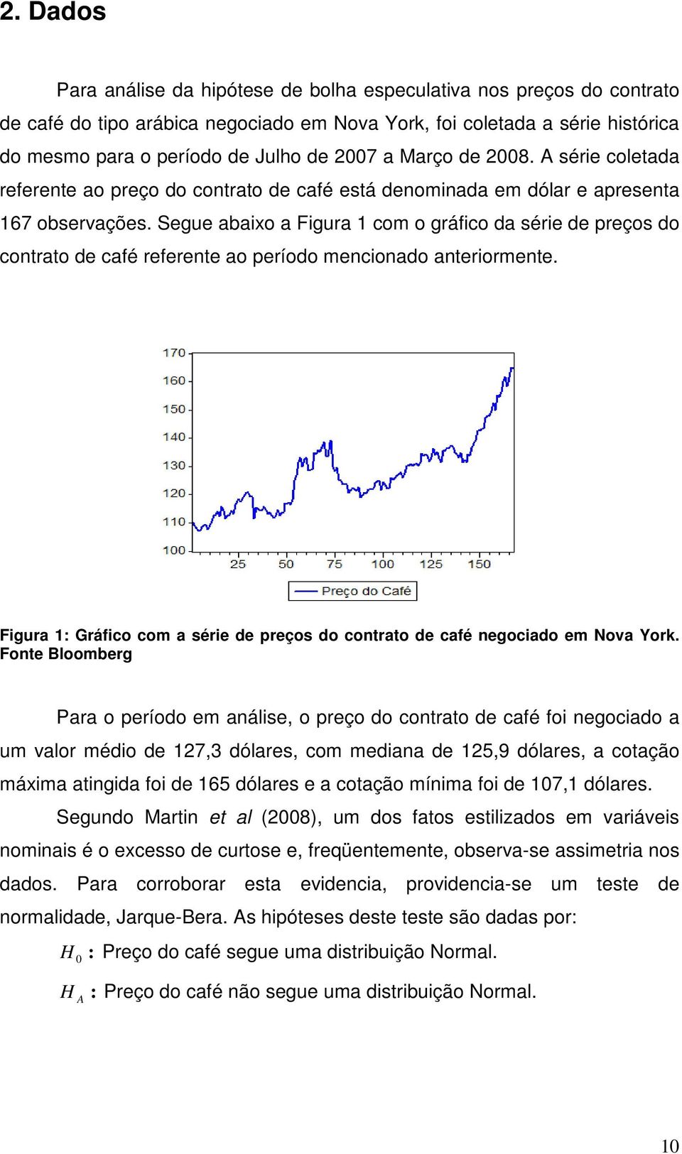 Segue abaixo a Figura 1 com o gráfico da série de preços do contrato de café referente ao período mencionado anteriormente.