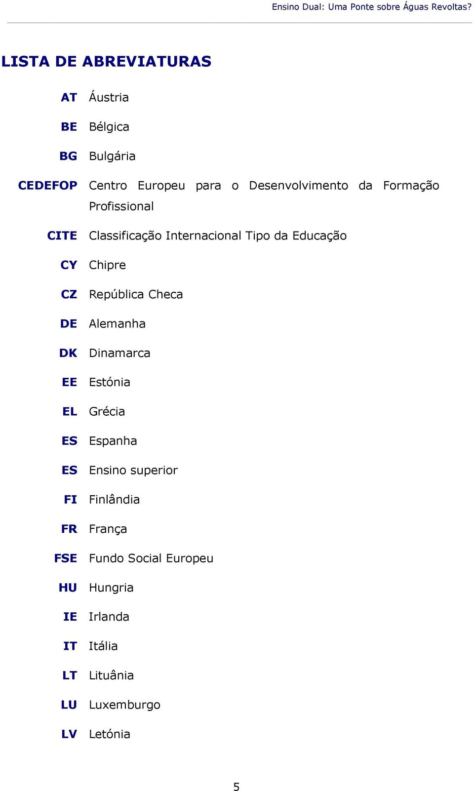 Formação Profissional CITE Classificação Internacional Tipo da Educação CY Chipre CZ República Checa DE