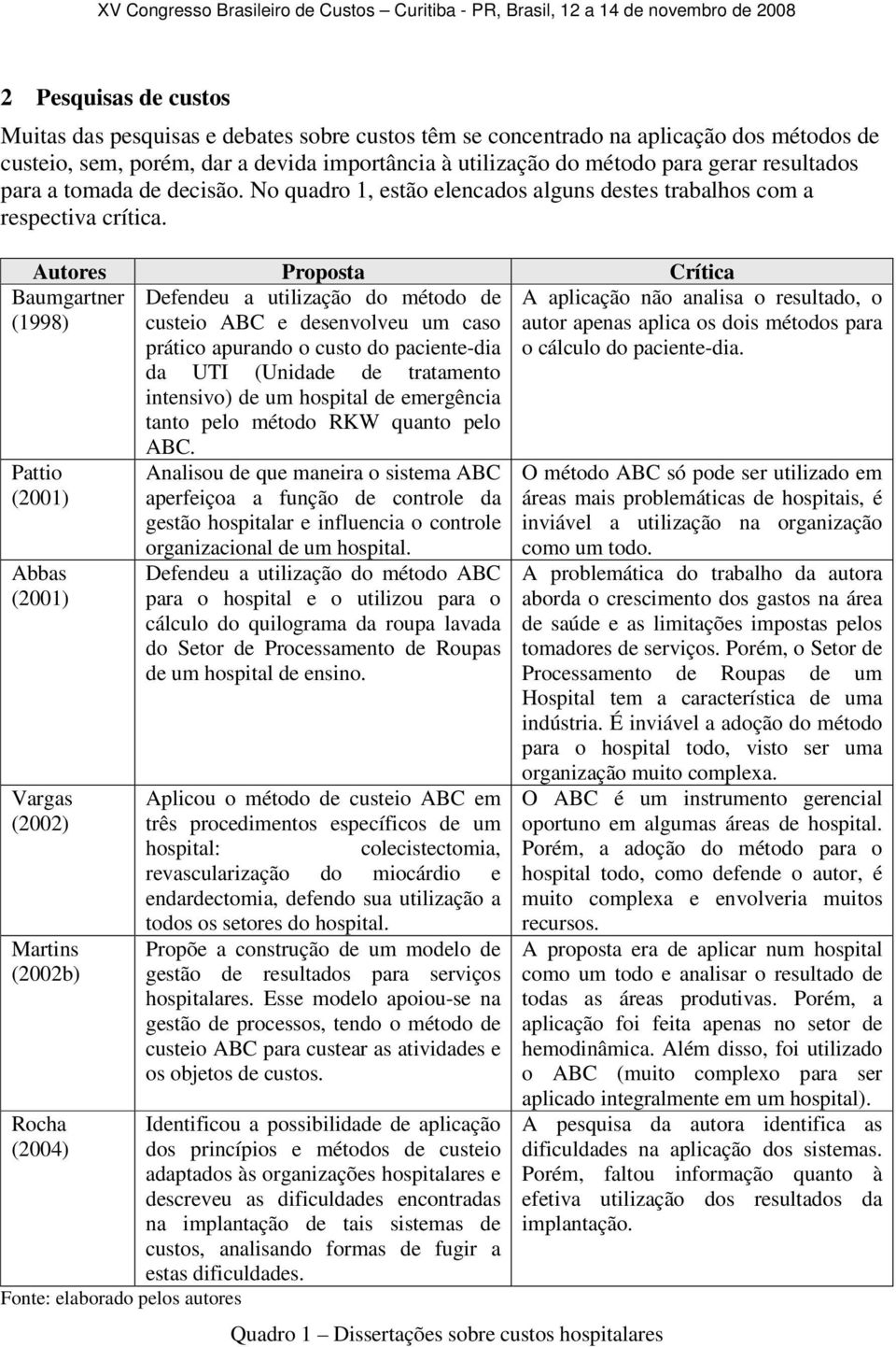 Autores Proposta Crítica Defendeu a utilização do método de custeio ABC e desenvolveu um caso prático apurando o custo do paciente-dia da UTI (Unidade de tratamento intensivo) de um hospital de