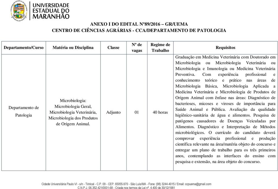 Nº de vagas Regime de Trabalho Adjunto 01 40 horas Requisitos Graduação em Medicina Veterinária com Doutorado em Microbiologia ou Microbiologia Veterinária ou Microbiologia e Imunologia ou Medicina