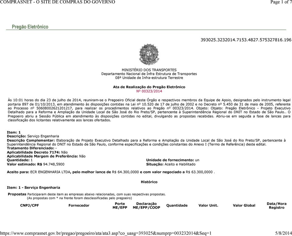 dia 23 de julho de 2014, reuniram-se o Pregoeiro Oficial deste Órgão e respectivos membros da Equipe de Apoio, designados pelo instrumento legal portaria 897 de 01/10/2013, em atendimento às