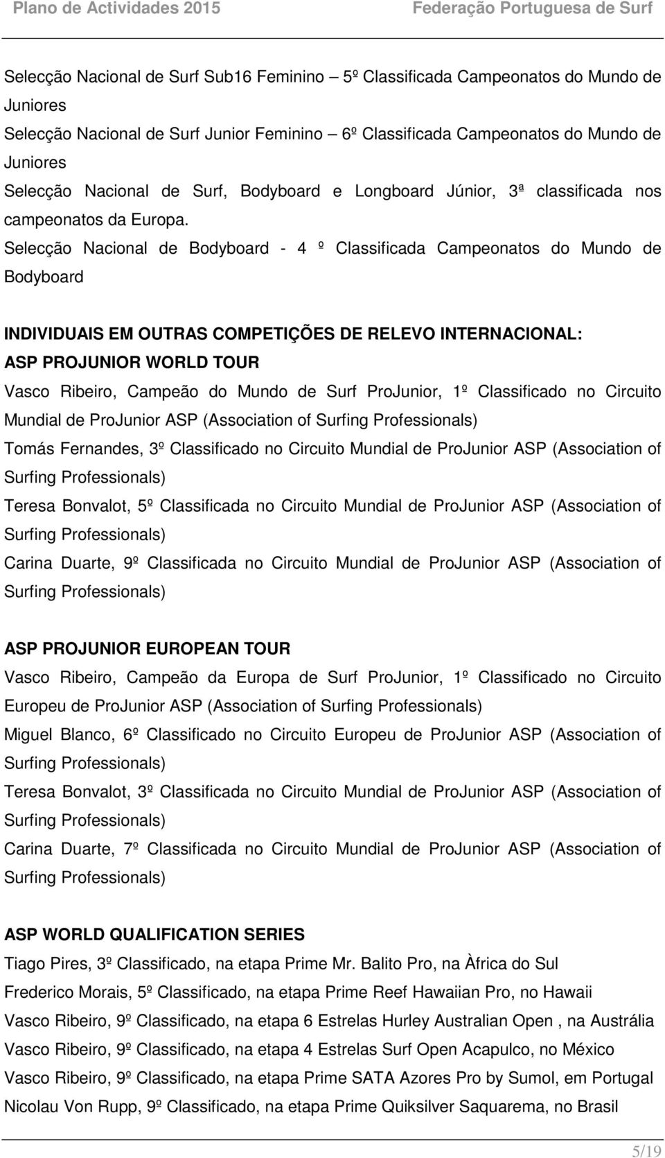 Selecção Nacional de Bodyboard - 4 º Classificada Campeonatos do Mundo de Bodyboard INDIVIDUAIS EM OUTRAS COMPETIÇÕES DE RELEVO INTERNACIONAL: ASP PROJUNIOR WORLD TOUR Vasco Ribeiro, Campeão do Mundo