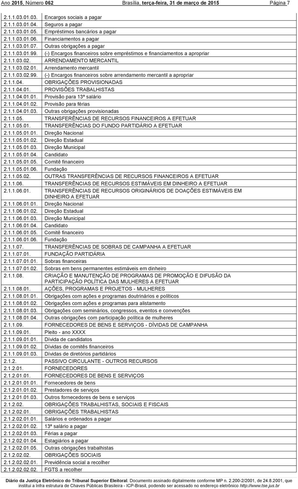 1.1.03.02.99. (-) Encargos financeiros sobre arrendamento mercantil a apropriar 2.1.1.04. OBRIGAÇÕES PROVISIONADAS 2.1.1.04.01. PROVISÕES TRABALHISTAS 2.1.1.04.01.01. Provisão para 13º salário 2.1.1.04.01.02. Provisão para férias 2.