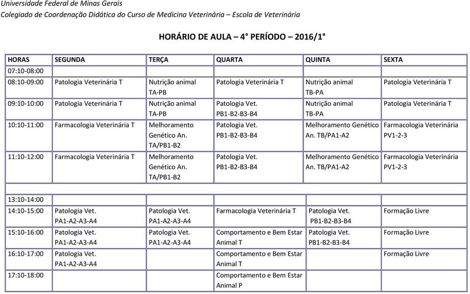 TA/PB1-B2 Patologia Veterinária T PB1-B2-B3-B4 PB1-B2-B3-B4 PB1-B2-B3-B4 Nutrição animal TB-PA Nutrição animal TB-PA Melhoramento Genético An. TB/PA1-A2 Melhoramento Genético An.