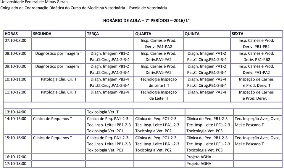 PA1-PA2 Insp. Carnes e Prod. Deriv.PA1-PA2 Tecnologia Inspeção de Leite I T 11:10-12:00 Patologia Clin. Cir. T Diagn. Imagem PB3-4 Tecnologia Inspeção de Leite I T Diagn. Imagem PA1-2 Pat.Cl.Cirug.