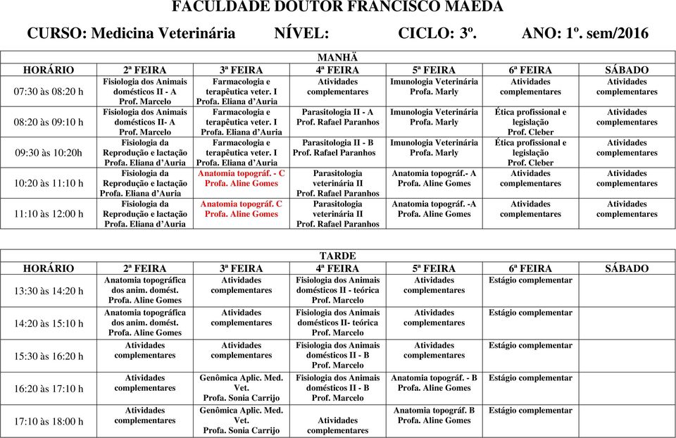 - C Anatomia topográf. C Parasitologia II - A Parasitologia II - B Imunologia Veterinária Imunologia Veterinária Parasitologia Anatomia topográf.- A II Parasitologia Anatomia topográf.