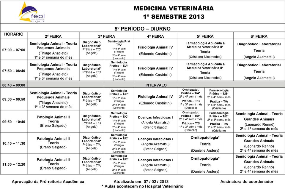 II Pratica T/C* Pratica T/C* Pratica T/B* Pratica T/B* Fisiologia Animal IV Doenças Infecciosas I Doenças Infecciosas I Doenças Infecciosas I Ornitopatol. * / mês / mês (Danielle) Ornitopatol.