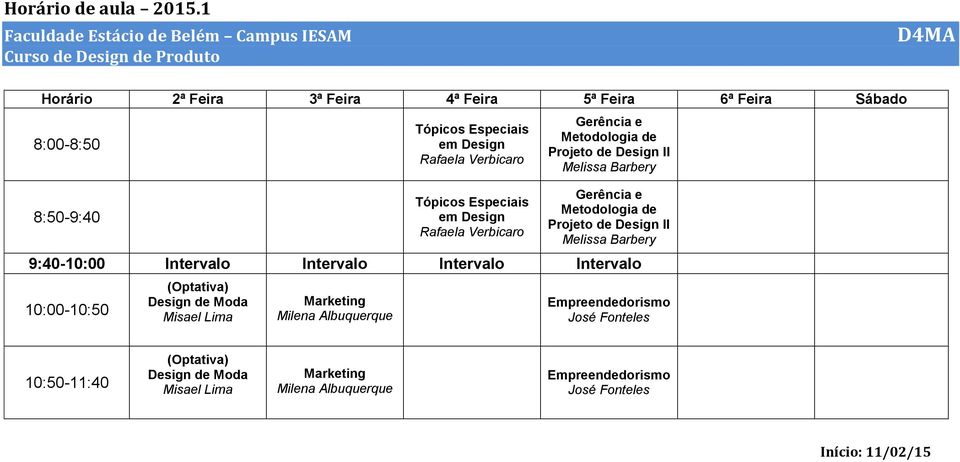 Intervalo (Optativa) Design de Moda Marketing Milena Albuquerque