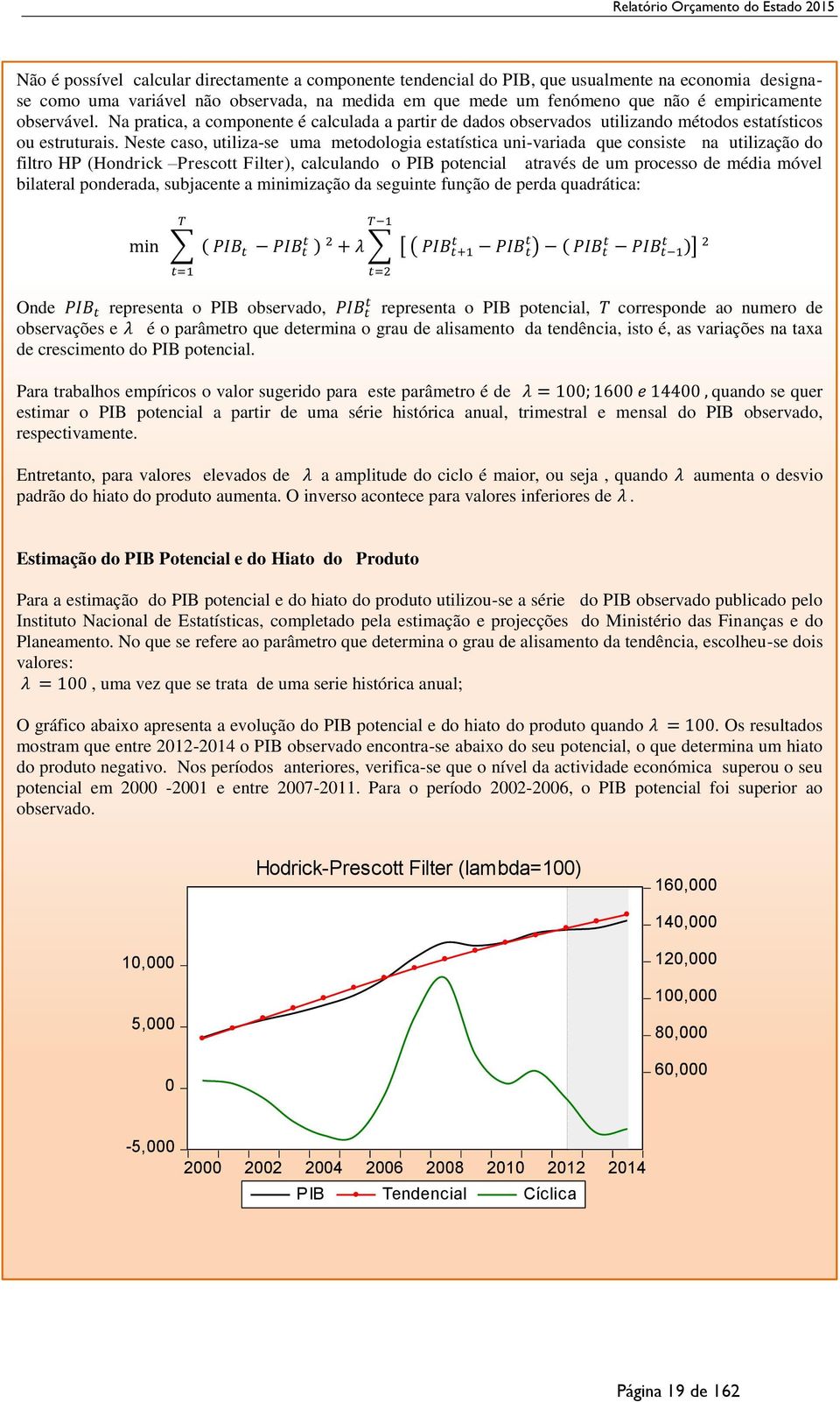 Neste caso, utiliza-se uma metodologia estatística uni-variada que consiste na utilização do filtro HP (Hondrick Prescott Filter), calculando o PIB potencial através de um processo de média móvel