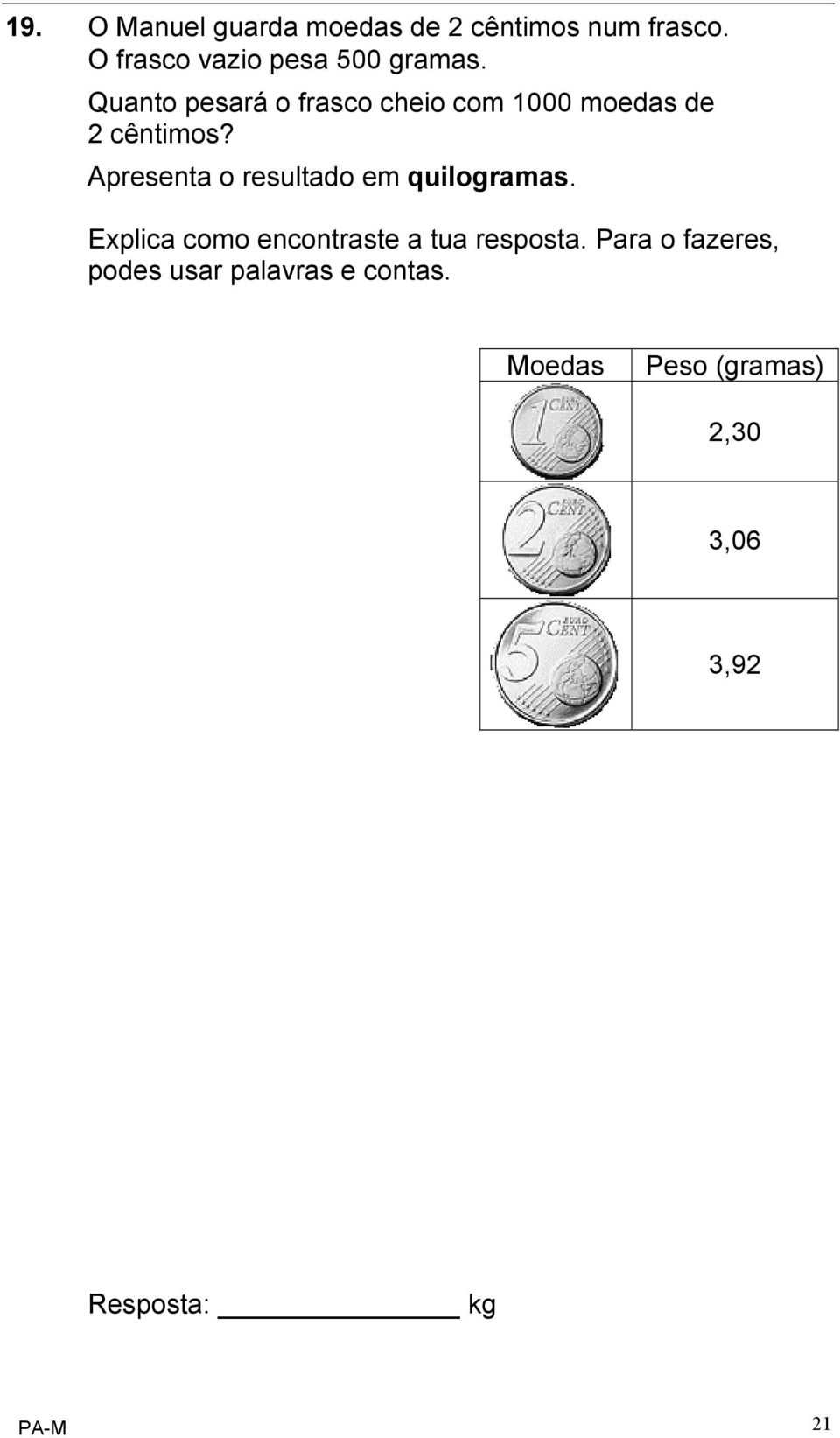 Quanto pesará o frasco cheio com 1000 moedas de 2 cêntimos?