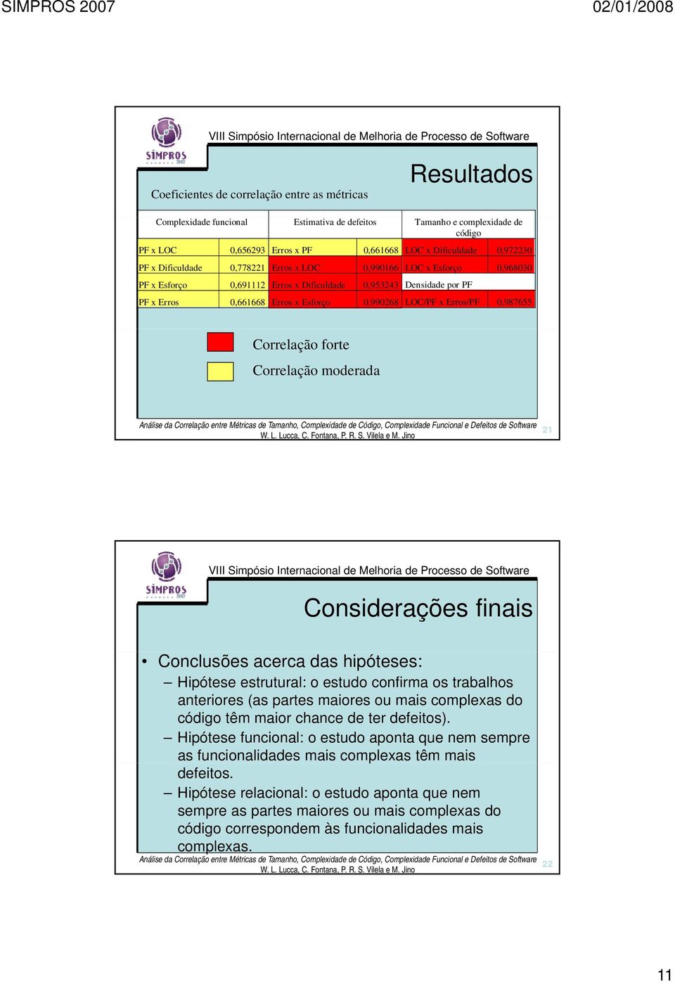 Erros/PF 0,987655 Correlação forte Correlação moderada 21 21 Considerações finais Conclusões acerca das hipóteses: Hipótese estrutural: o estudo confirma os trabalhos anteriores (as partes maiores ou