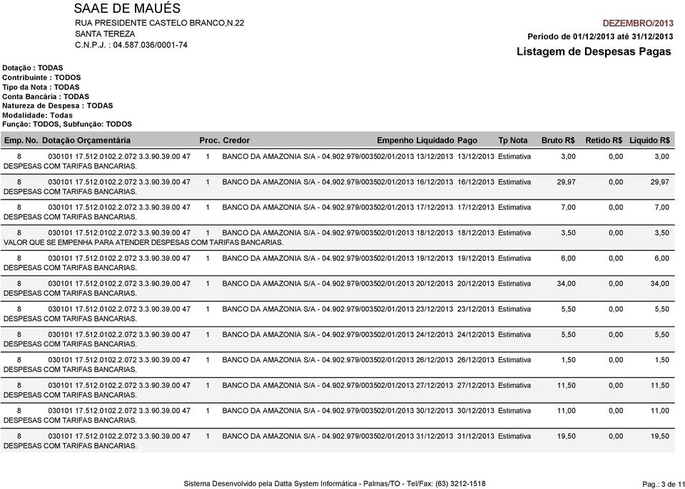 26/12/2013 Estimativa 1,50 27/12/2013 27/12/2013 Estimativa 11,50 30/12/2013 30/12/2013 Estimativa 11,00 31/12/2013 31/12/2013 Estimativa 19,50 0,00 3,00 0,00 29,97 0,00 7,00 0,00