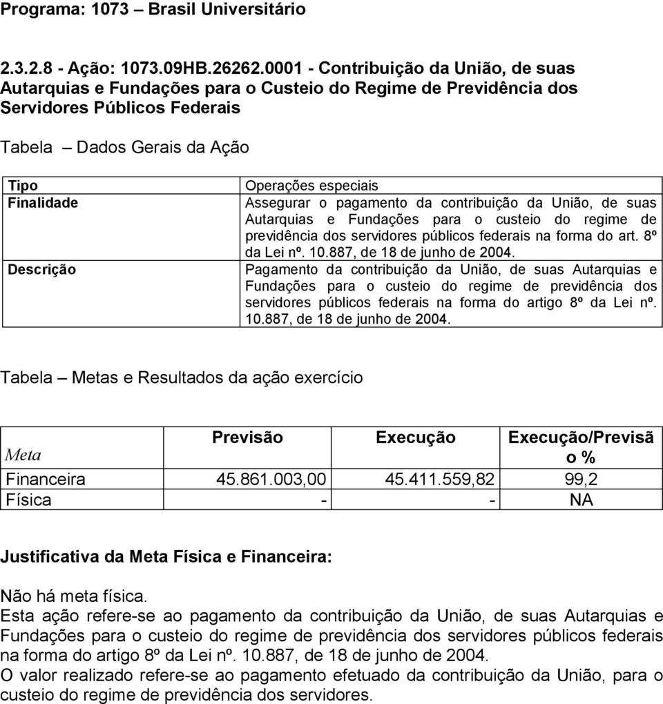 especiais Assegurar o pagamento da contribuição da União, de suas Autarquias e Fundações para o custeio do regime de previdência dos servidores públicos federais na forma do art. 8º da Lei nº. 0.