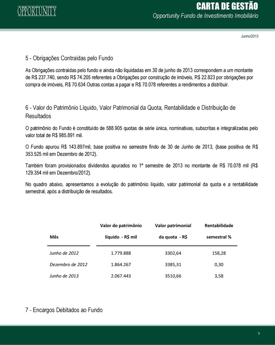 6 - Valor do Patrimônio Líquido, Valor Patrimonial da Quota, Rentabilidade e Distribuição de Resultados O patrimônio do Fundo é constituído de 588.