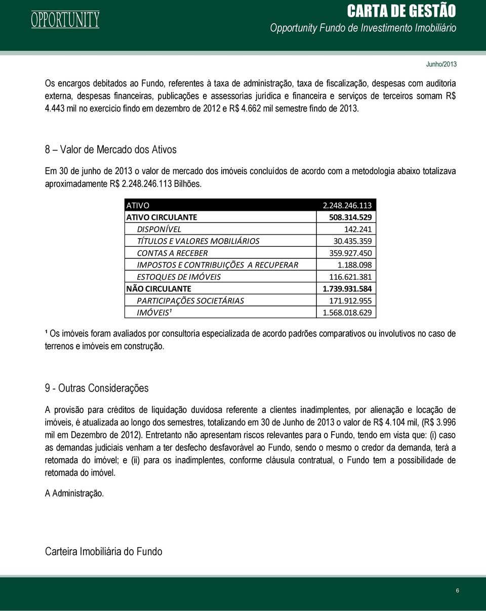 8 Valor de Mercado dos Ativos Em 30 de junho de 2013 o valor de mercado dos imóveis concluídos de acordo com a metodologia abaixo totalizava aproximadamente R$ 2.248.246.113 Bilhões. ATIVO 2.248.246.113 ATIVO CIRCULANTE 508.