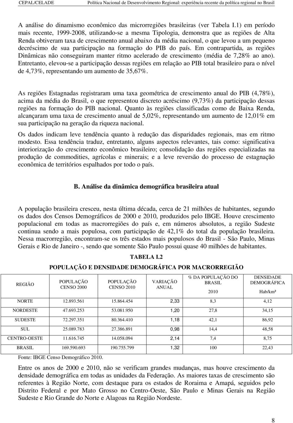 decréscimo de sua participação na formação do PIB do país. Em contrapartida, as regiões Dinâmicas não conseguiram manter ritmo acelerado de crescimento (média de 7,28% ao ano).