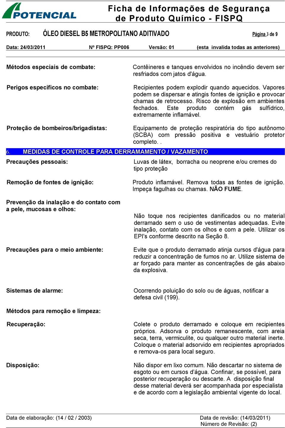 Este produto contém gás sulfídrico, extremamente inflamável.