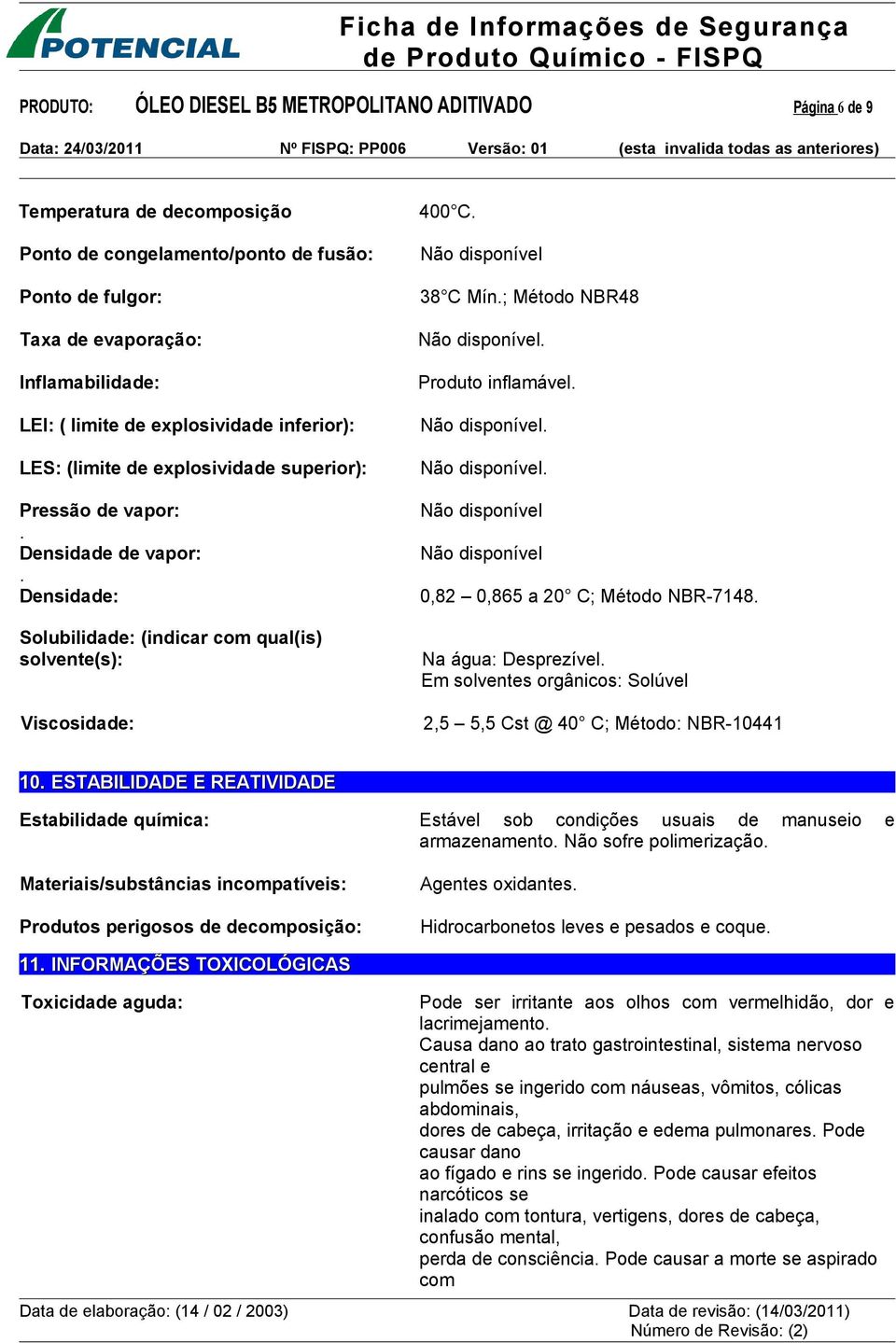 Densidade de vapor:. Densidade: Solubilidade: (indicar com qual(is) solvente(s): Viscosidade: Não disponível. Não disponível. Não disponível Não disponível 0,82 0,865 a 20 C; Método NBR-7148.