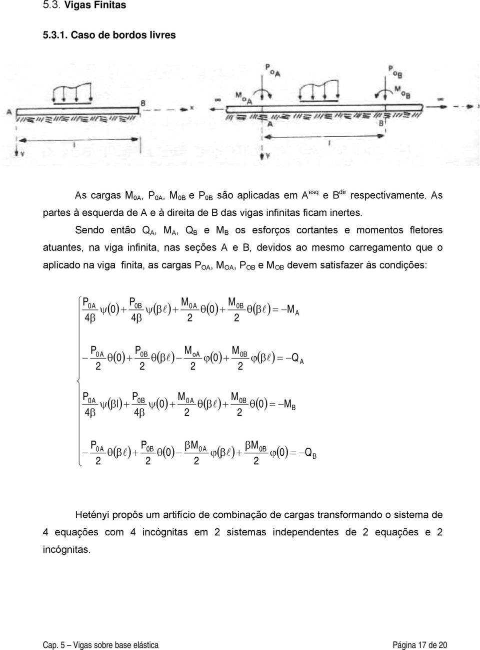 endo então Q,, Q B e B os esforços cortntes e momentos fetores tuntes, n vig infinit, ns seções e B, devidos o mesmo crregmento ue o picdo n vig finit, s