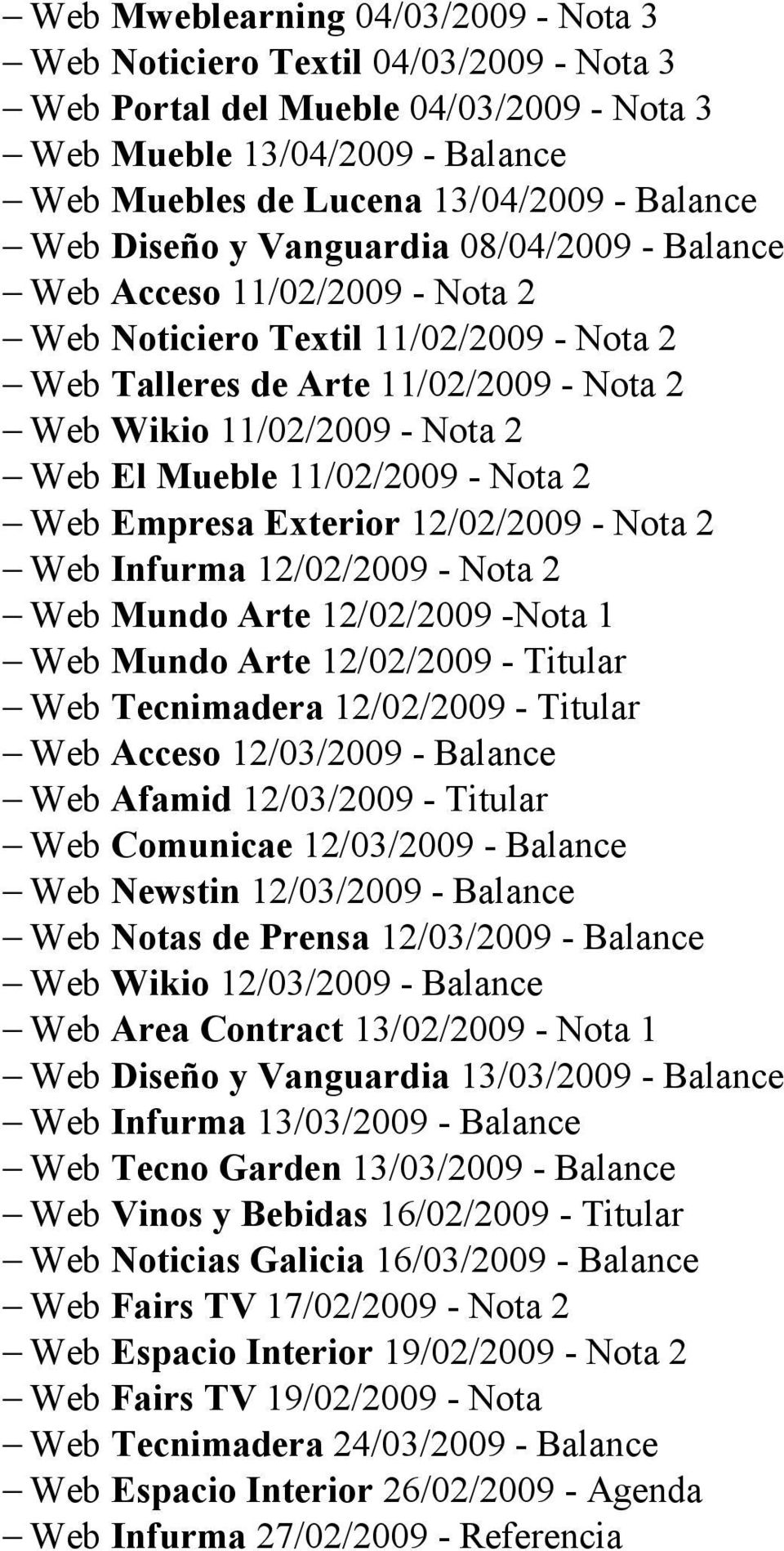 11/02/2009 - Nota 2 Web Empresa Exterior 12/02/2009 - Nota 2 Web Infurma 12/02/2009 - Nota 2 Web Mundo Arte 12/02/2009 -Nota 1 Web Mundo Arte 12/02/2009 - Titular Web Tecnimadera 12/02/2009 - Titular