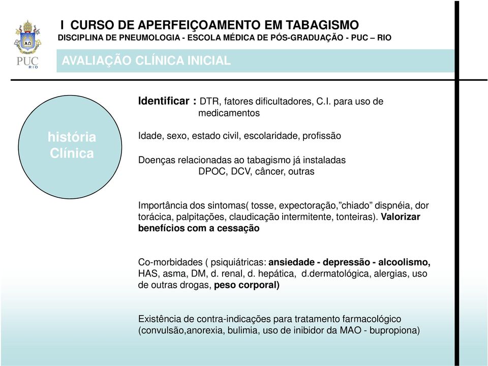 tonteiras). Valorizar benefícios com a cessação Co-morbidades ( psiquiátricas: ansiedade - depressão - alcoolismo, HAS, asma, DM, d. renal, d. hepática, d.