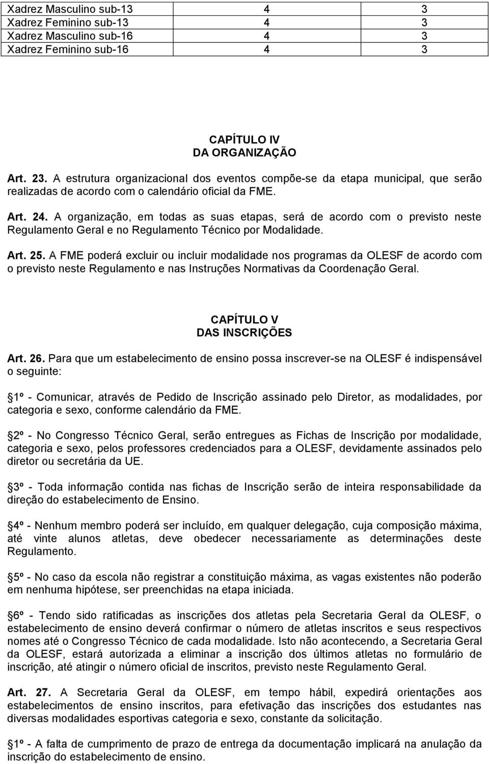 A organização, em todas as suas etapas, será de acordo com o previsto neste Regulamento Geral e no Regulamento Técnico por Modalidade. Art. 25.