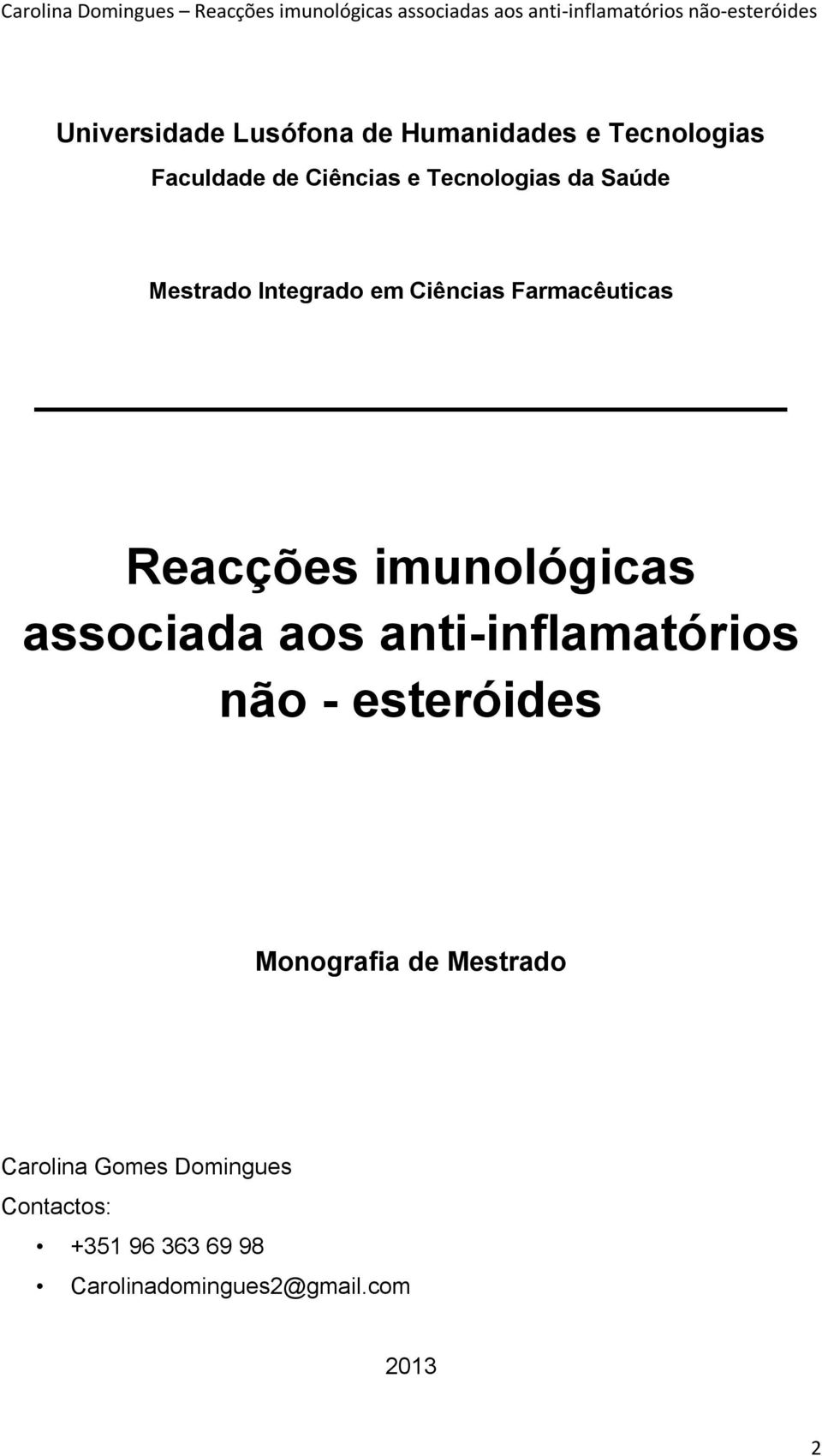 imunológicas associada aos anti-inflamatórios não - esteróides Monografia de