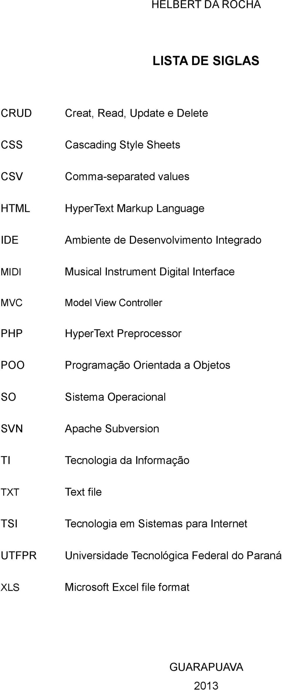 HyperText Preprocessor POO Programação Orientada a Objetos SO Sistema Operacional SVN Apache Subversion TI Tecnologia da Informação TXT