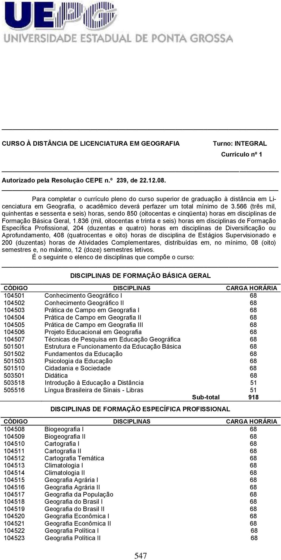 566 (três mil, quinhentas e sessenta e seis) horas, sendo 850 (oitocentas e cinqüenta) horas em disciplinas de Formação Básica Geral, 1.