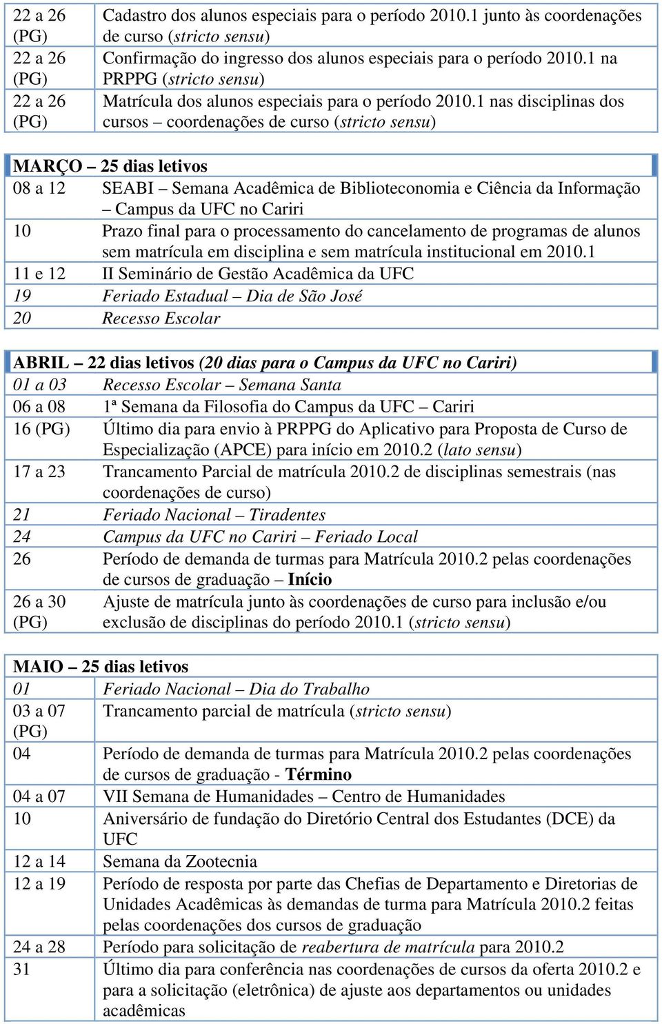 1 nas disciplinas dos cursos coordenações de curso (stricto sensu) MARÇO 25 dias letivos 08 a 12 SEABI Semana Acadêmica de Biblioteconomia e Ciência da Informação Campus da UFC no Cariri 10 Prazo