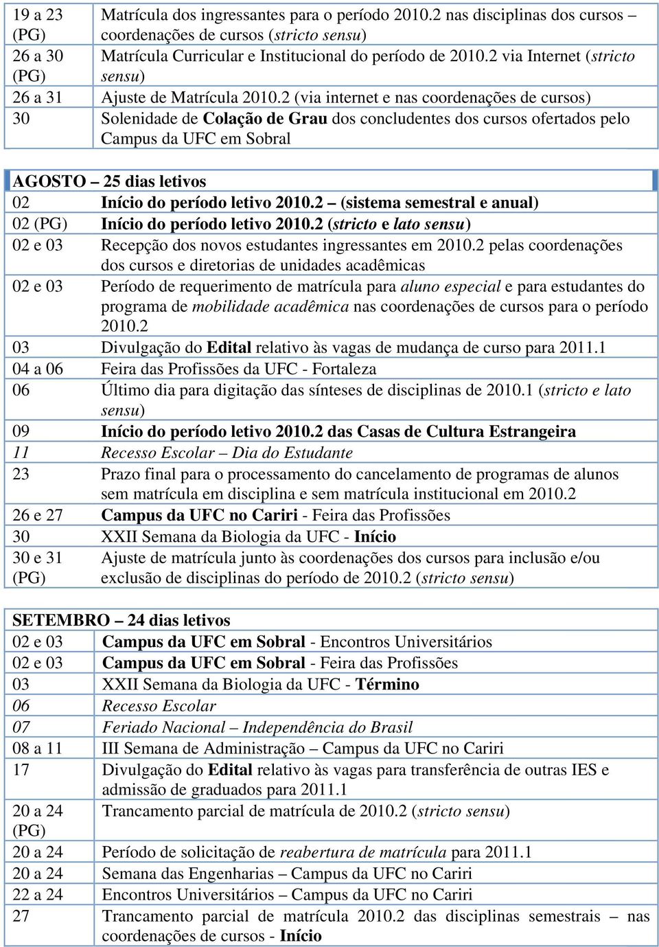 2 (via internet e nas coordenações de cursos) 30 Solenidade de Colação de Grau dos concludentes dos cursos ofertados pelo Campus da UFC em Sobral AGOSTO 25 dias letivos 02 Início do período letivo