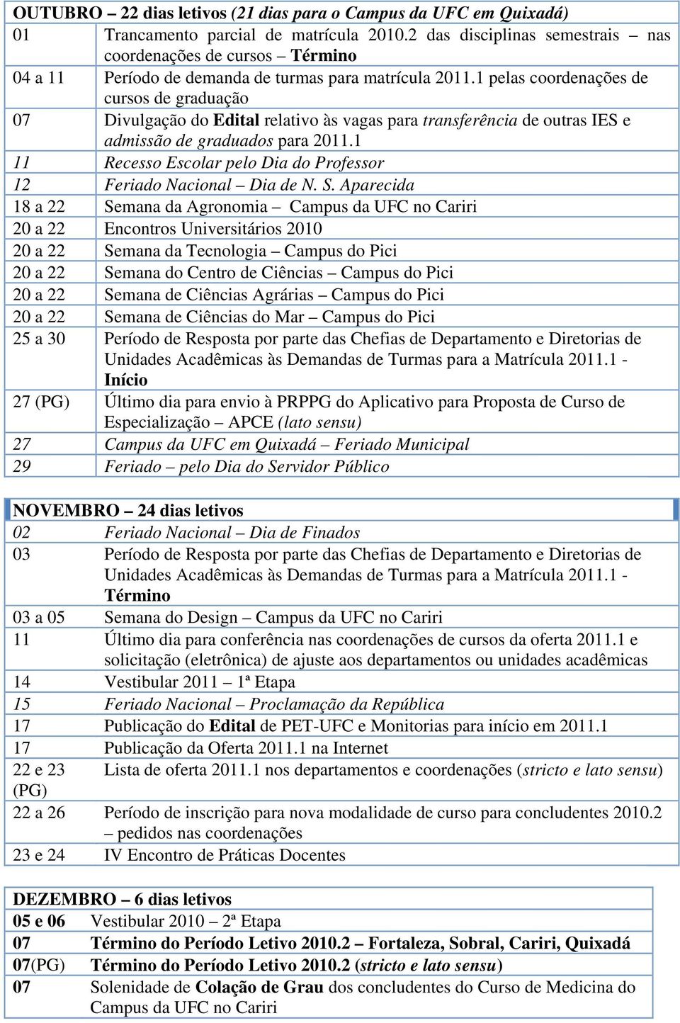 1 pelas coordenações de cursos de graduação 07 Divulgação do Edital relativo às vagas para transferência de outras IES e admissão de graduados para 2011.