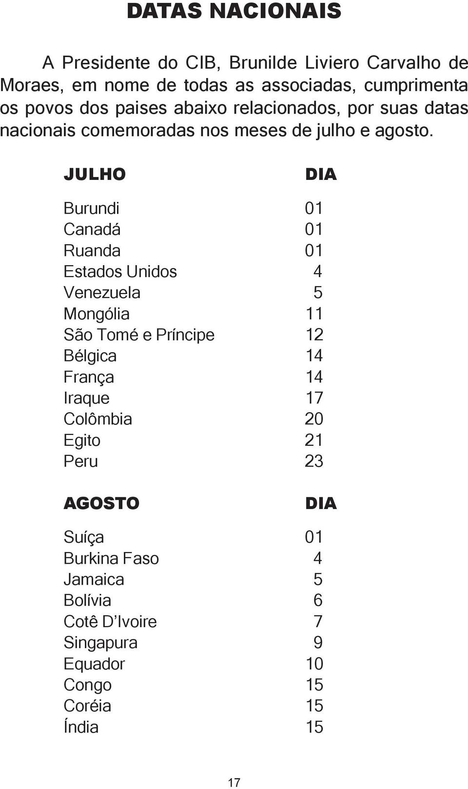 Julho dia Burundi 01 Canadá 01 Ruanda 01 Estados Unidos 4 Venezuela 5 Mongólia 11 São Tomé e Príncipe 12 Bélgica 14 França 14