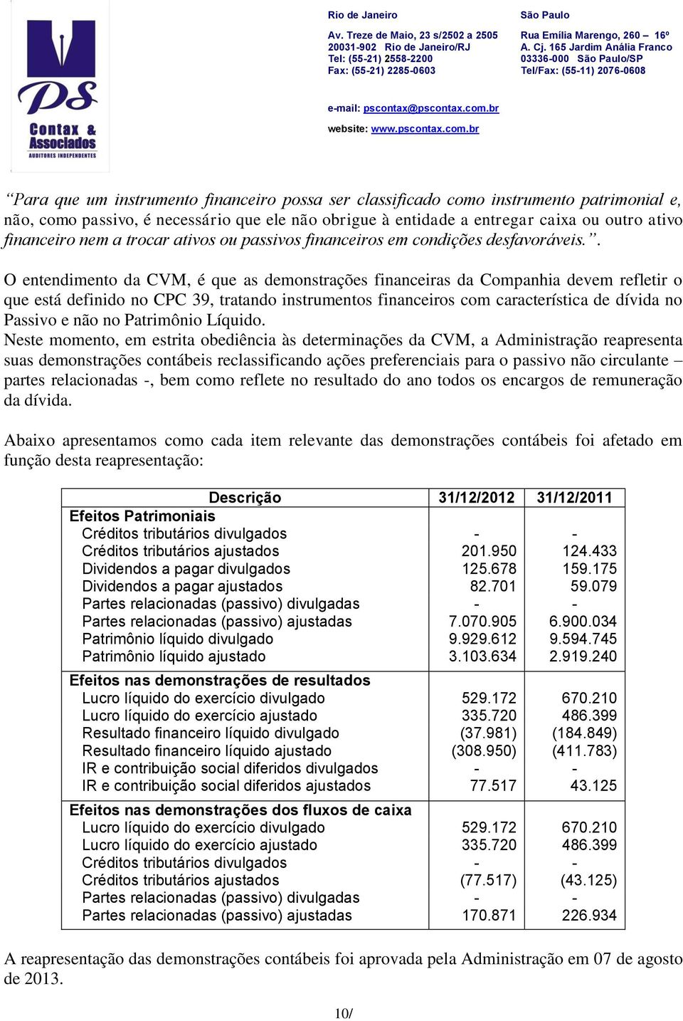 . O entendimento da CVM, é que as demonstrações financeiras da Companhia devem refletir o que está definido no CPC 39, tratando instrumentos financeiros com característica de dívida no Passivo e não