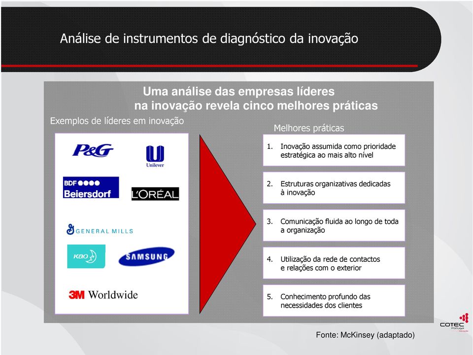 Inovação assumida como prioridade estratégica ao mais alto nível 2. Estruturas organizativas dedicadas à inovação 3.