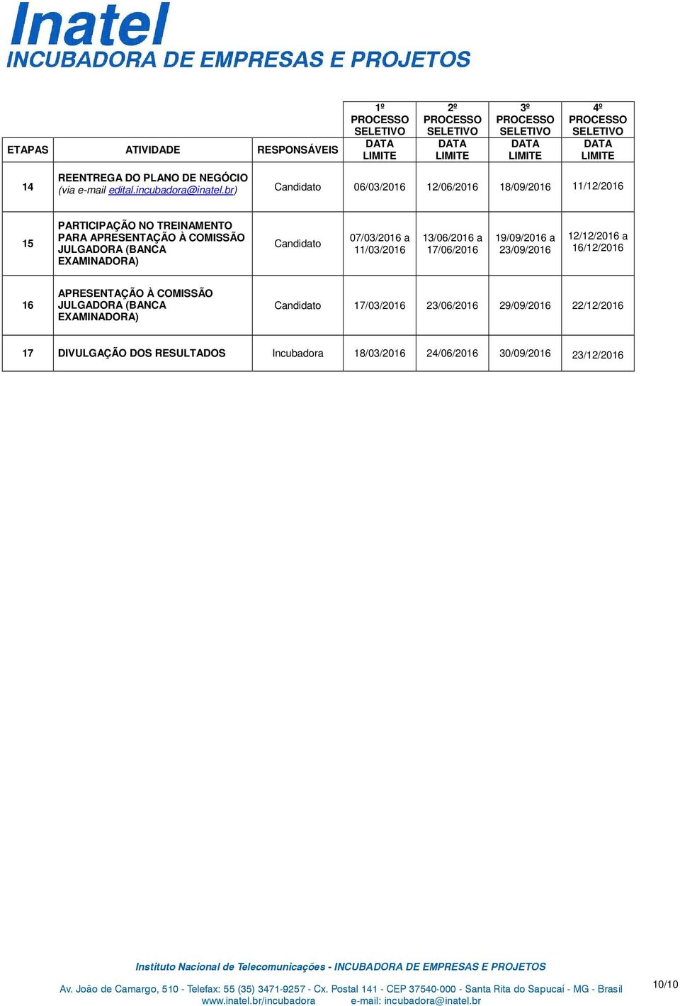 EXAMINADORA) Candidato 07/03/2016 a 11/03/2016 13/06/2016 a 17/06/2016 19/09/2016 a 23/09/2016 12/12/2016 a 16/12/2016 16 APRESENTAÇÃO À